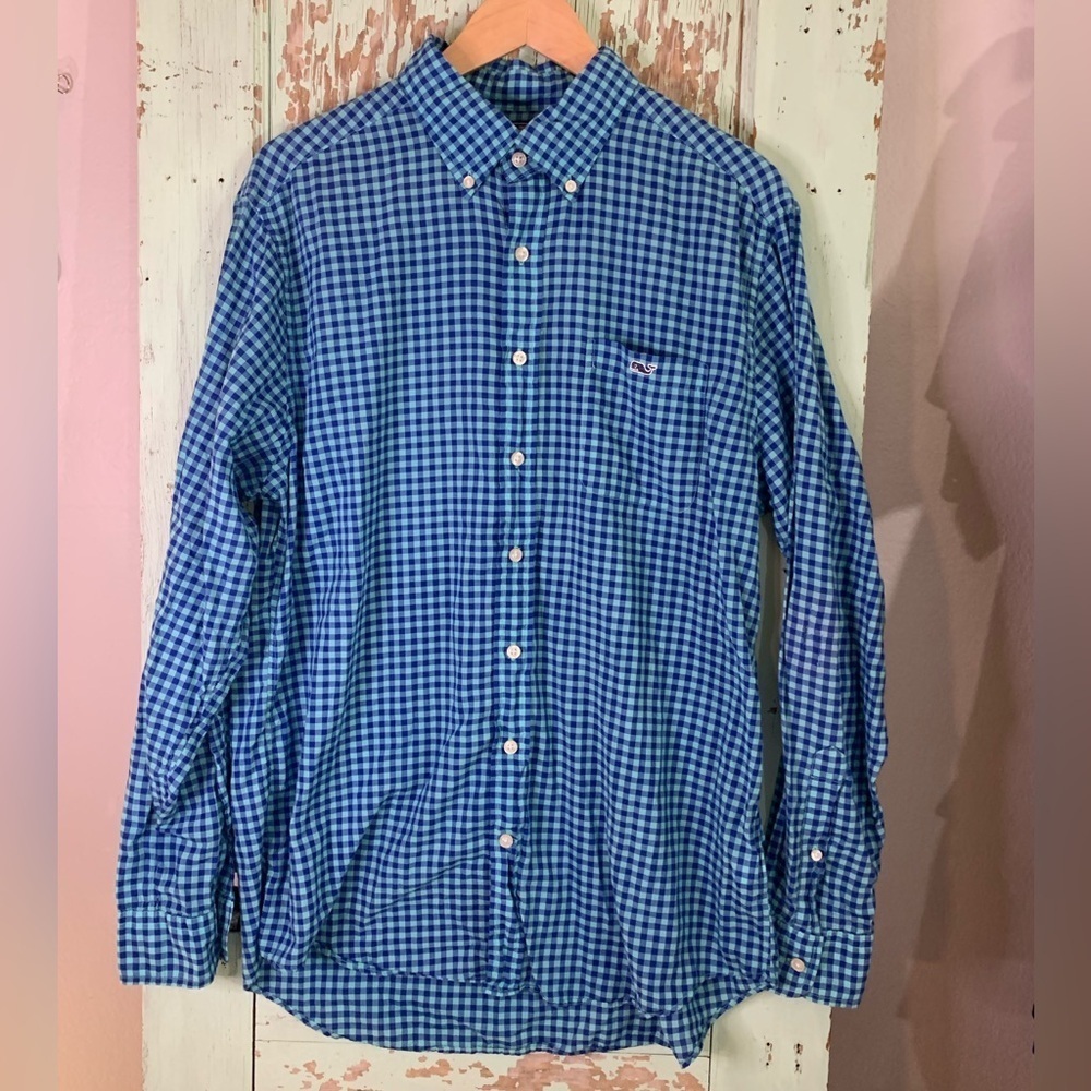 Men’s Vineyard Vines blue plaid long sleeve button-up shirt